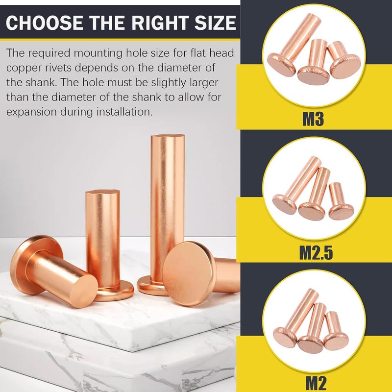 Mardatt 270Pcs Flat Head Copper Solid Rivets Kit, M2 M2.5 M3 Solid Copper Rivets Fasteners, Flat Head Rivets Solid Copper Rivets for Electrical Applications, Leather Working Supplies - Image 4